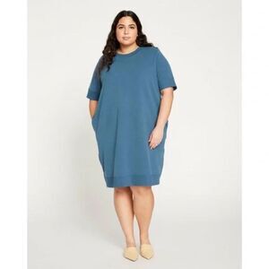 Universal Standard Grace Short Sleeve Sweatshirt Dress in Indian Teal Blue New